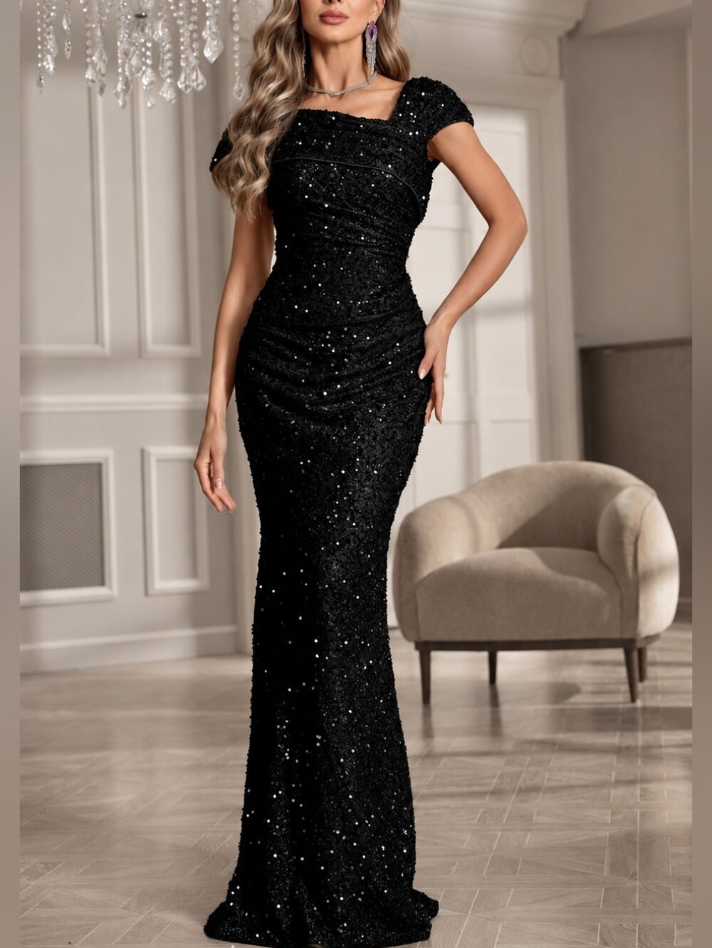 New Glam Sequin Ruched Mermaid Maxi Gown Dress Black